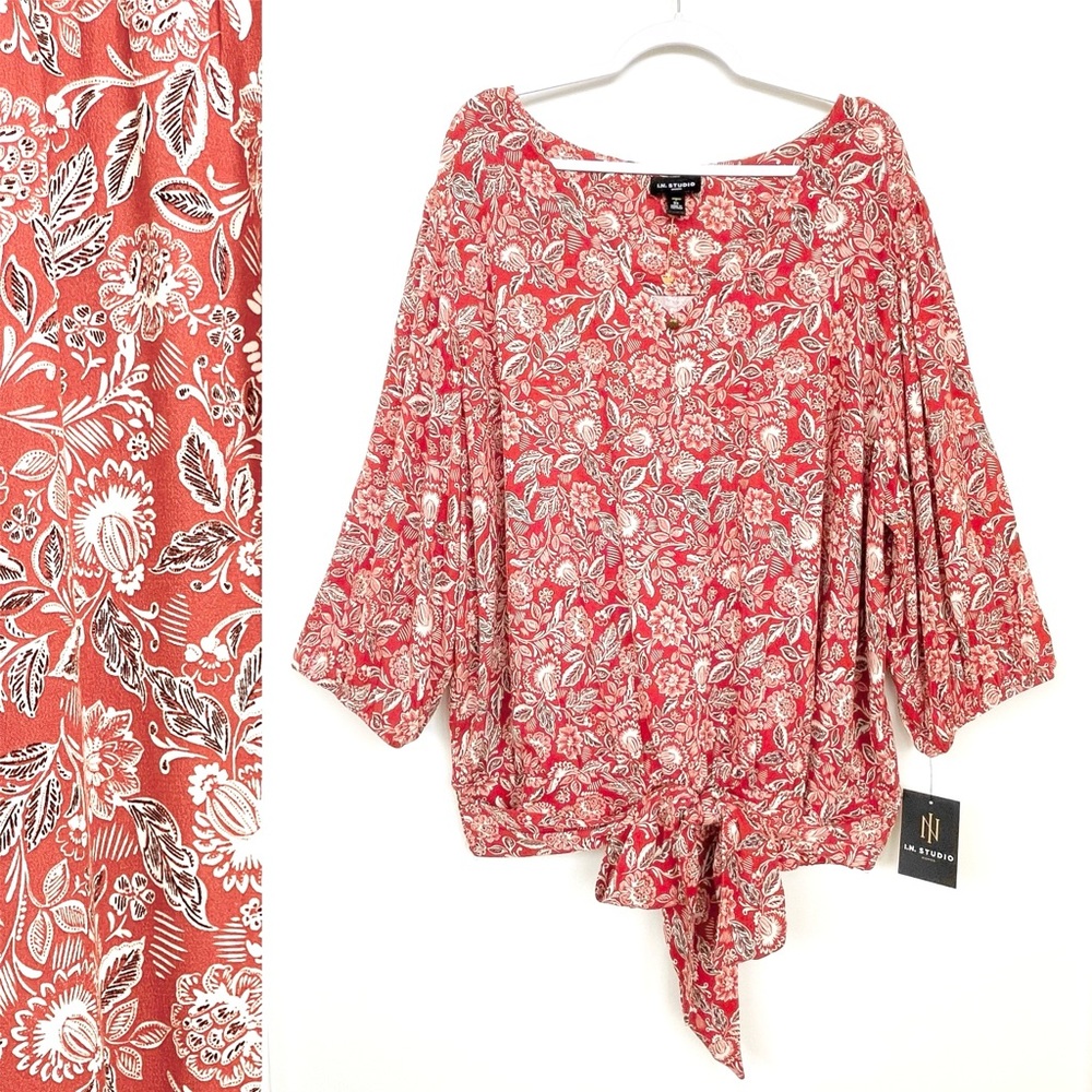 I.N. STUDIO Crepe Waist Bow Blouse 3/4 Sleeve Elastic Cuff Smocked Back Waist